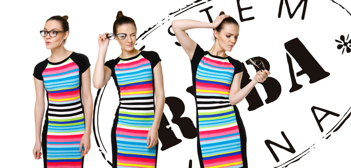 Fotografia mody, trzy zdjęcia modelki w kolorowej sukience