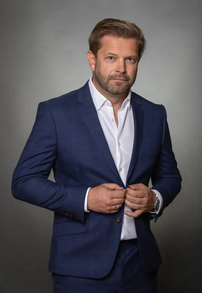 Portret biznesowy mężczyzny w granatowym garniturze